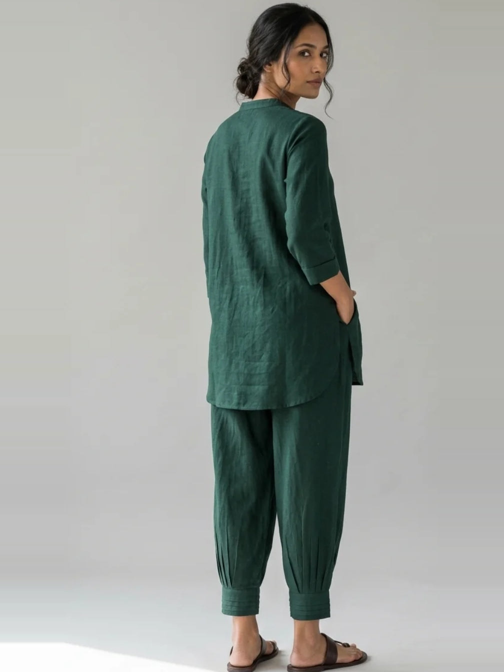 Forest Ease – Green Cotton Linen Slub Co-ord Set – full-length back view