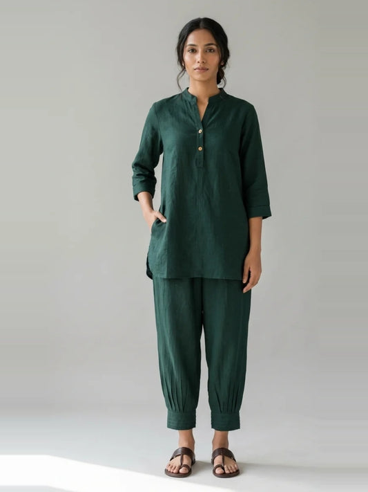 Forest Ease – Green Cotton Linen Slub Co-ord Set – full-length front view
