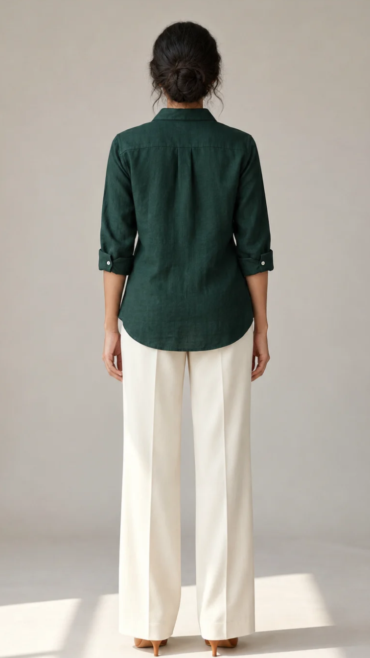 Forest Vine green cotton linen embroidered shirt – back view
