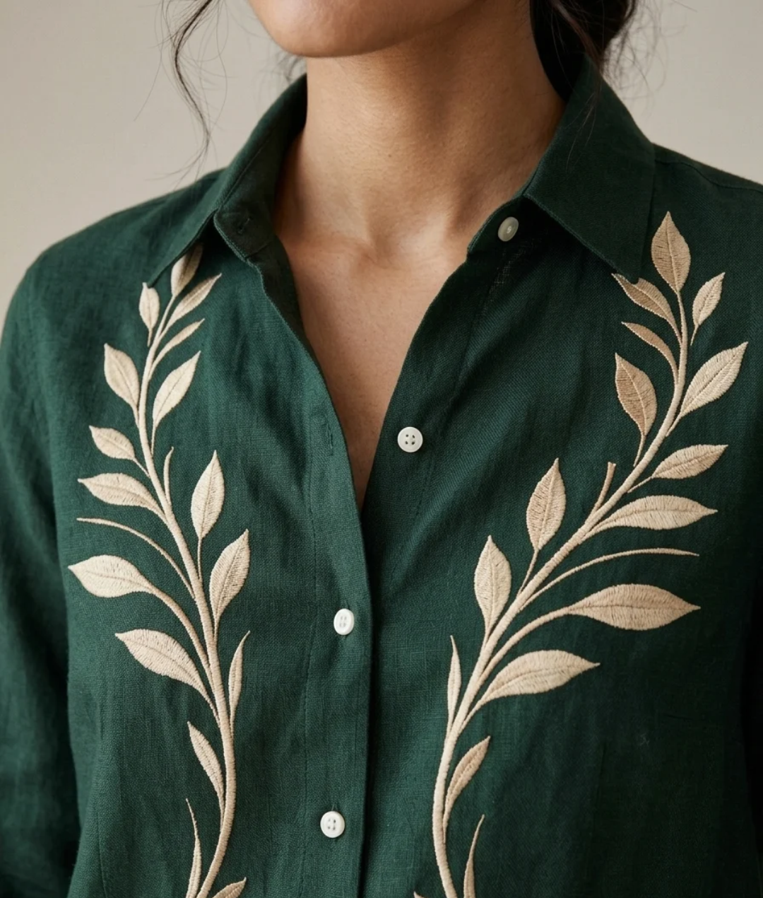 Forest Vine green cotton linen embroidered shirt – detail view