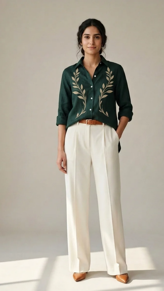 Forest Vine green cotton linen embroidered shirt – front view