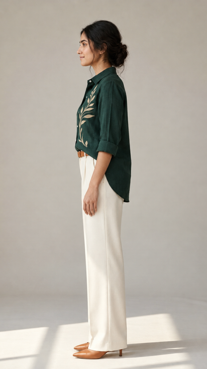Forest Vine green cotton linen embroidered shirt – side view