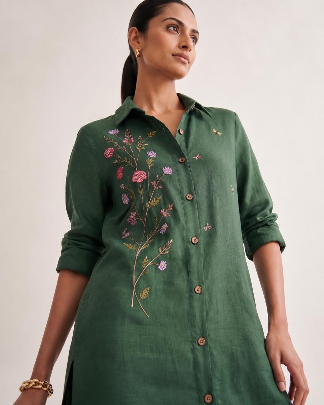 Botanical Garden Cotton linen Shirt Dress — Forest Green