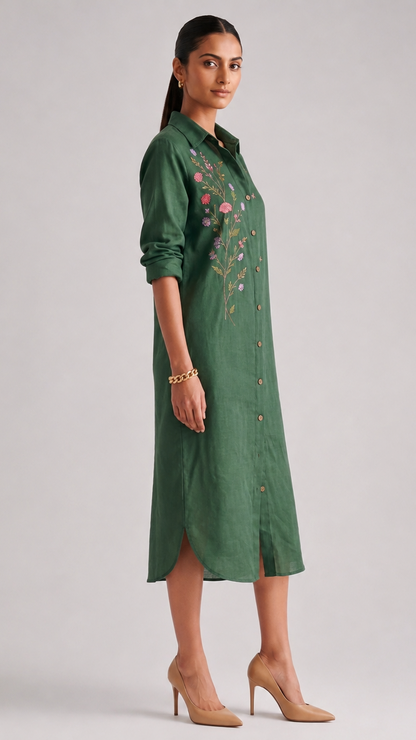 Botanical Garden Cotton linen Shirt Dress — Forest Green