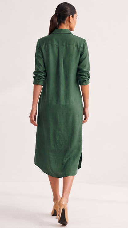 Botanical Garden Cotton linen Shirt Dress — Forest Green