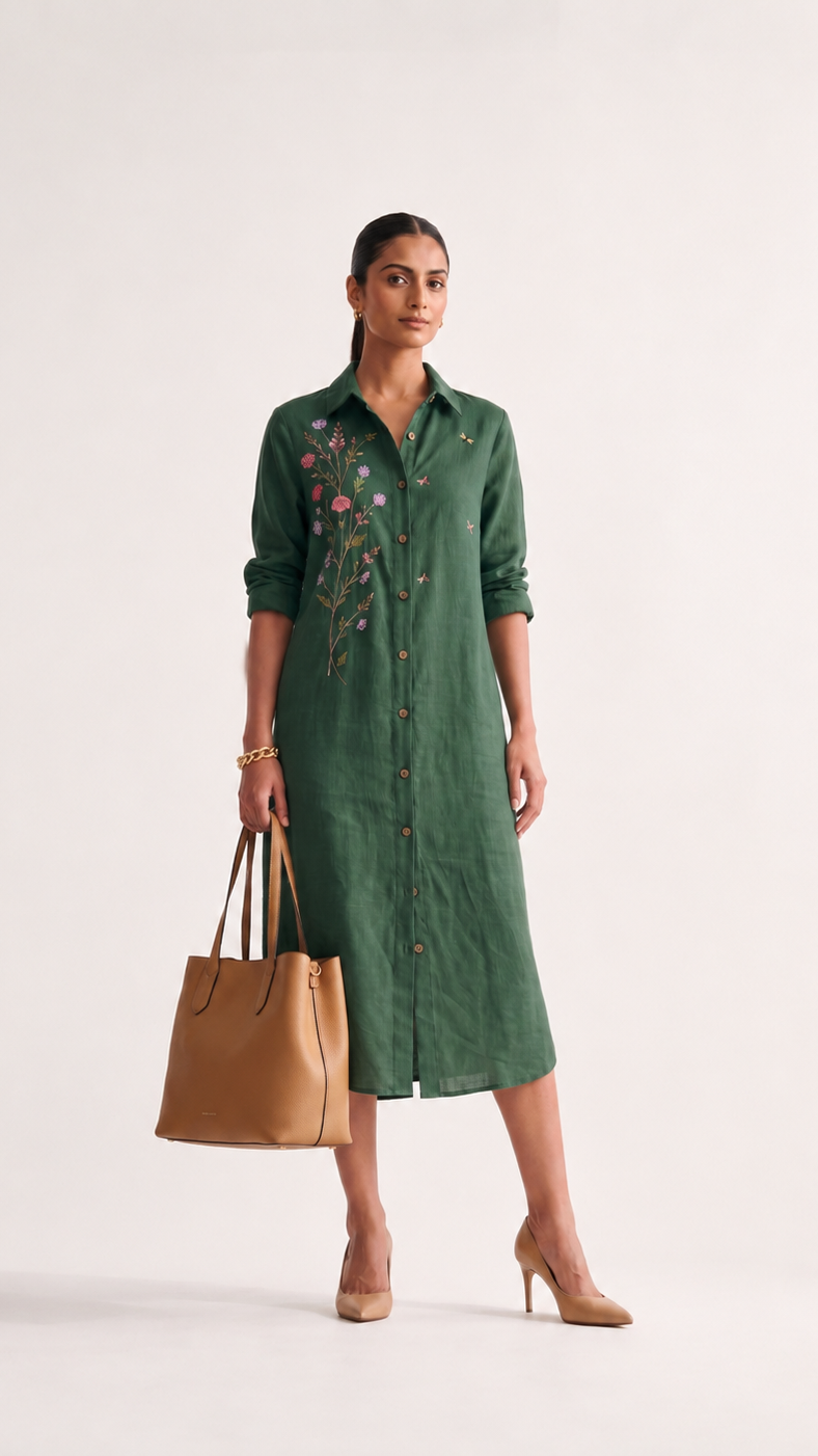 Botanical Garden Cotton linen Shirt Dress — Forest Green