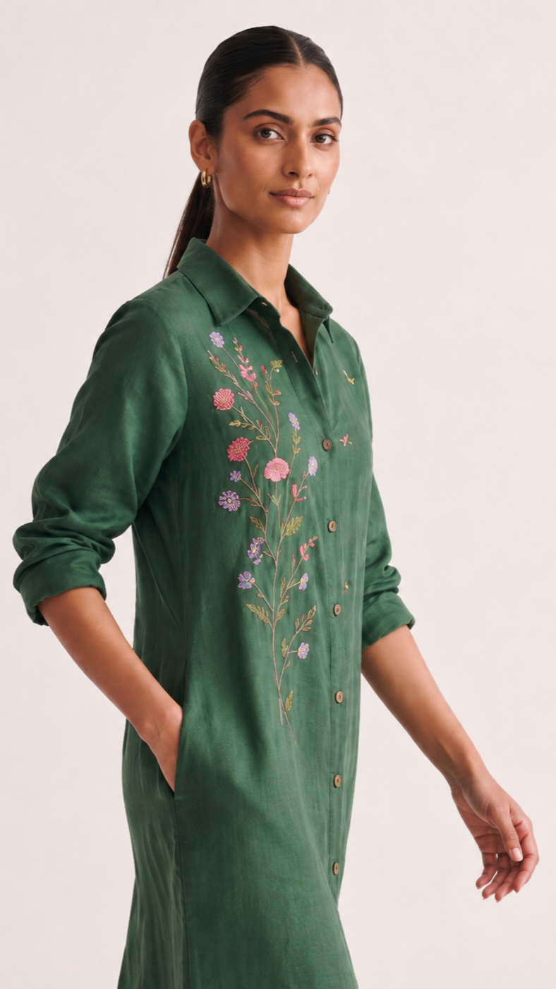 Botanical Garden Cotton linen Shirt Dress — Forest Green