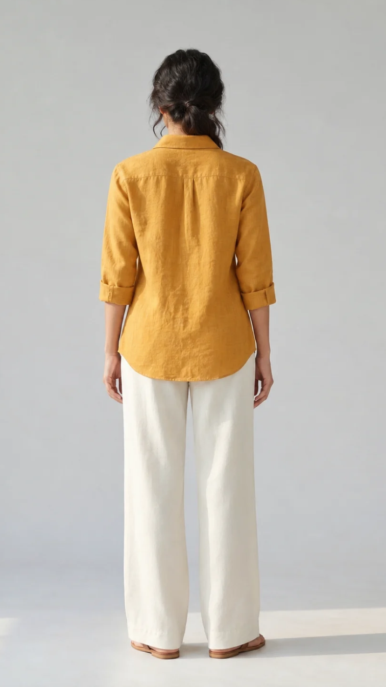 Golden Wishes mustard cotton linen slub embroidered shirt – back view