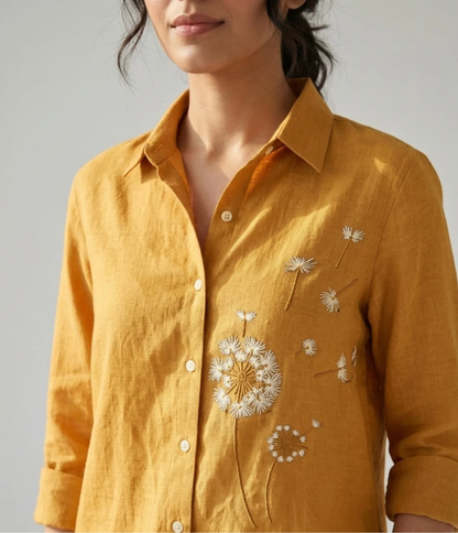 Golden Wishes mustard cotton linen slub embroidered shirt – detail view
