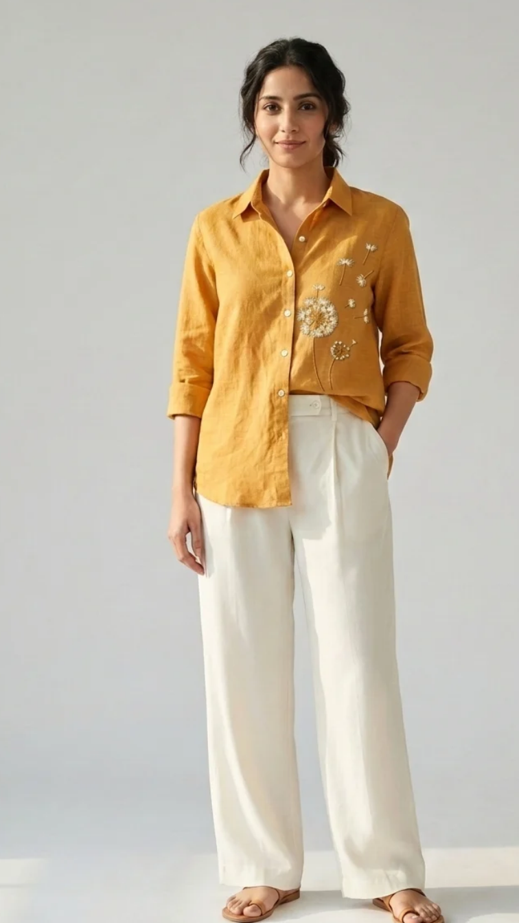 Golden Wishes mustard cotton linen slub embroidered shirt – front view