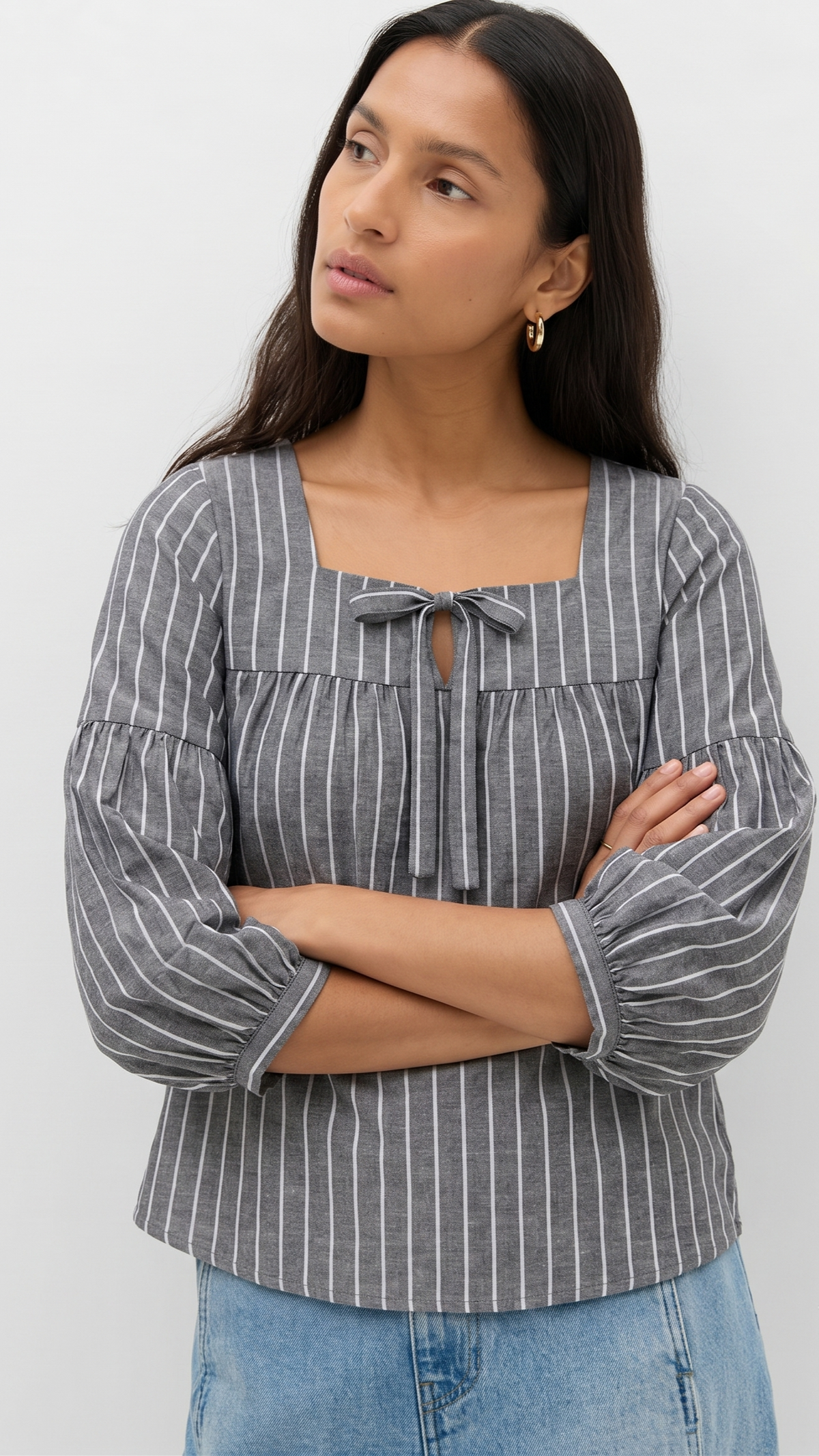 Grey Pinstripe Square Neck Blouse for Women | Tie Front Balloon Sleeve Top