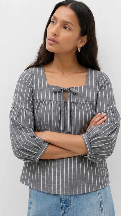 Grey Pinstripe Square Neck Blouse for Women | Tie Front Balloon Sleeve Top