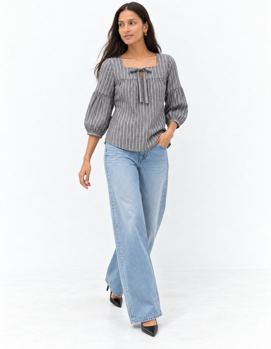 Grey Pinstripe Square Neck Blouse for Women | Tie Front Balloon Sleeve Top