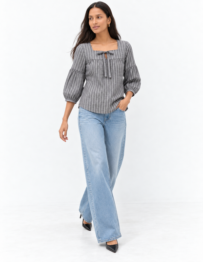 Grey Pinstripe Square Neck Blouse for Women | Tie Front Balloon Sleeve Top