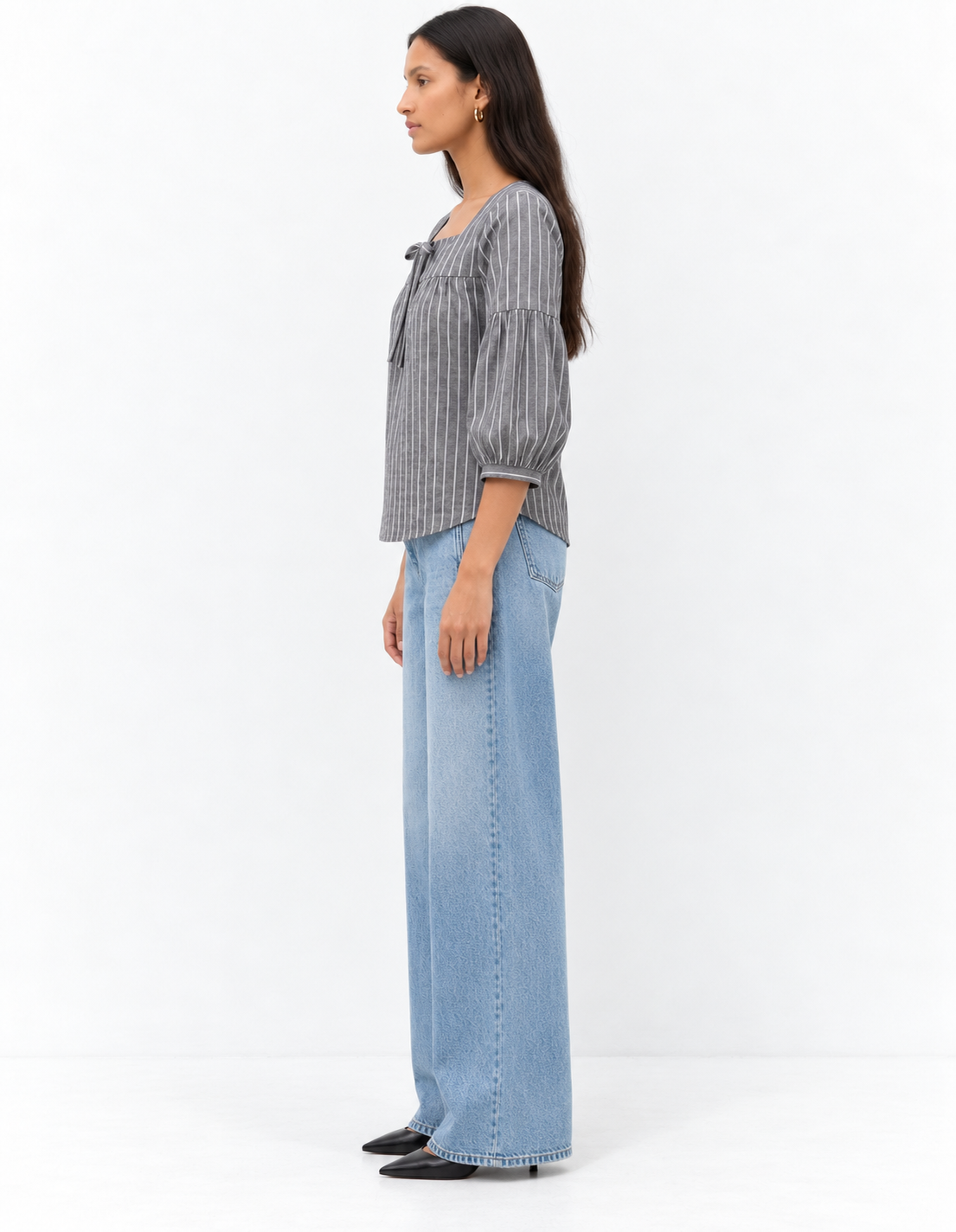 Grey Pinstripe Square Neck Blouse for Women | Tie Front Balloon Sleeve Top