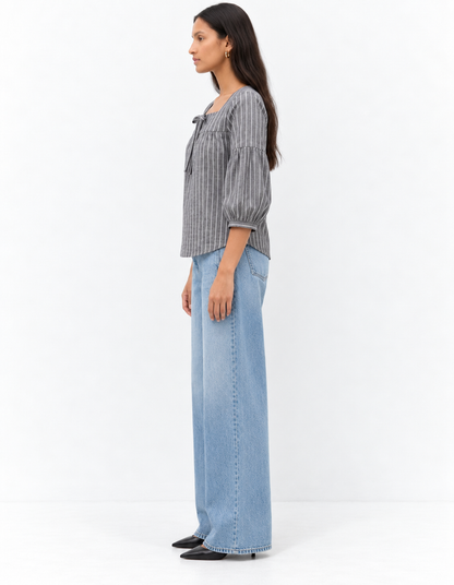 Grey Pinstripe Square Neck Blouse for Women | Tie Front Balloon Sleeve Top