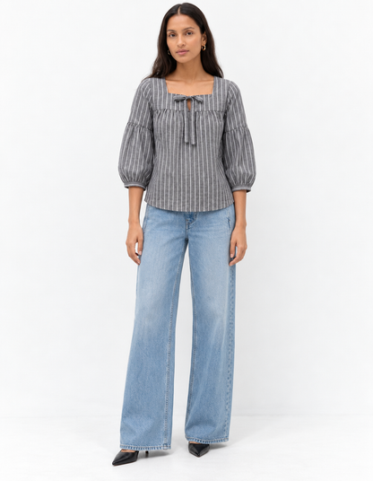 Grey Pinstripe Square Neck Blouse for Women | Tie Front Balloon Sleeve Top