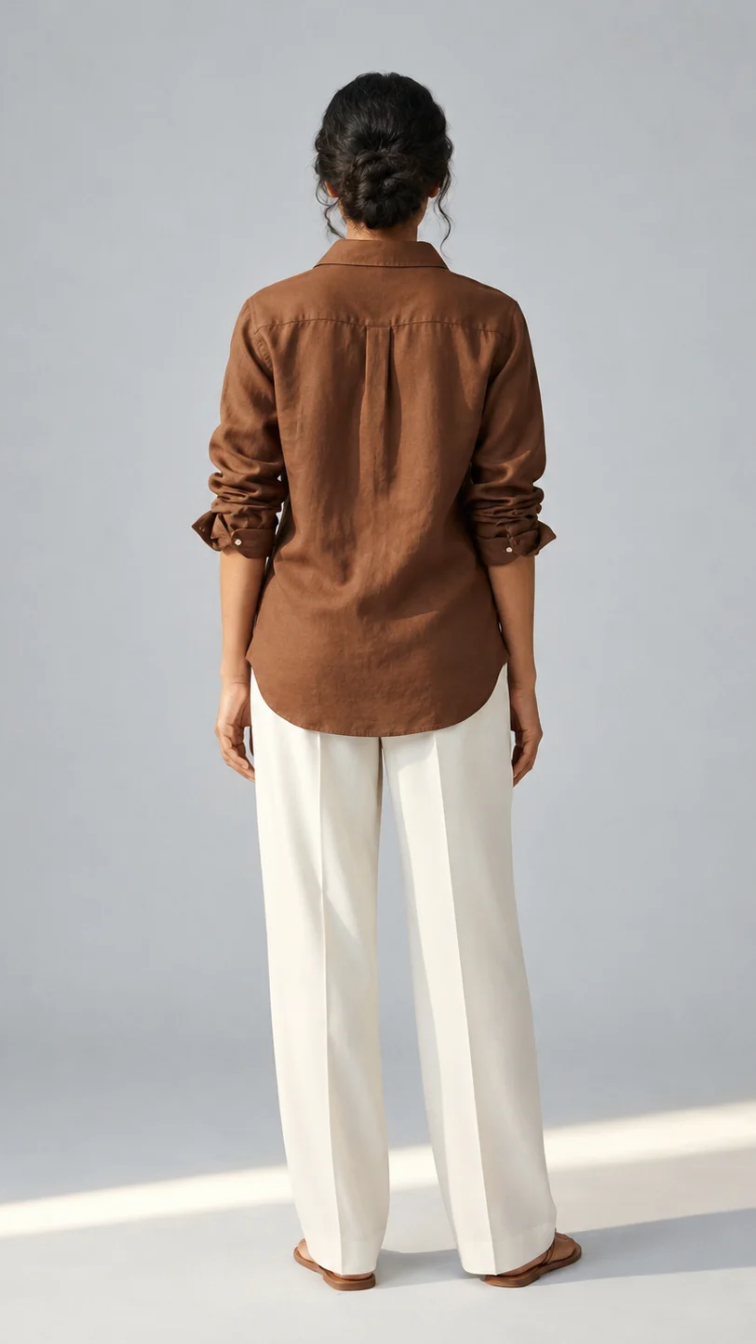 Heart in Bloom brown cotton linen shirt with floral heart embroidery – back view