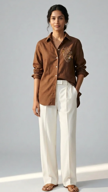 Heart in Bloom brown cotton linen shirt with floral heart embroidery – front view