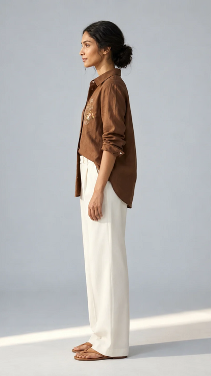 Heart in Bloom brown cotton linen shirt with floral heart embroidery – side view