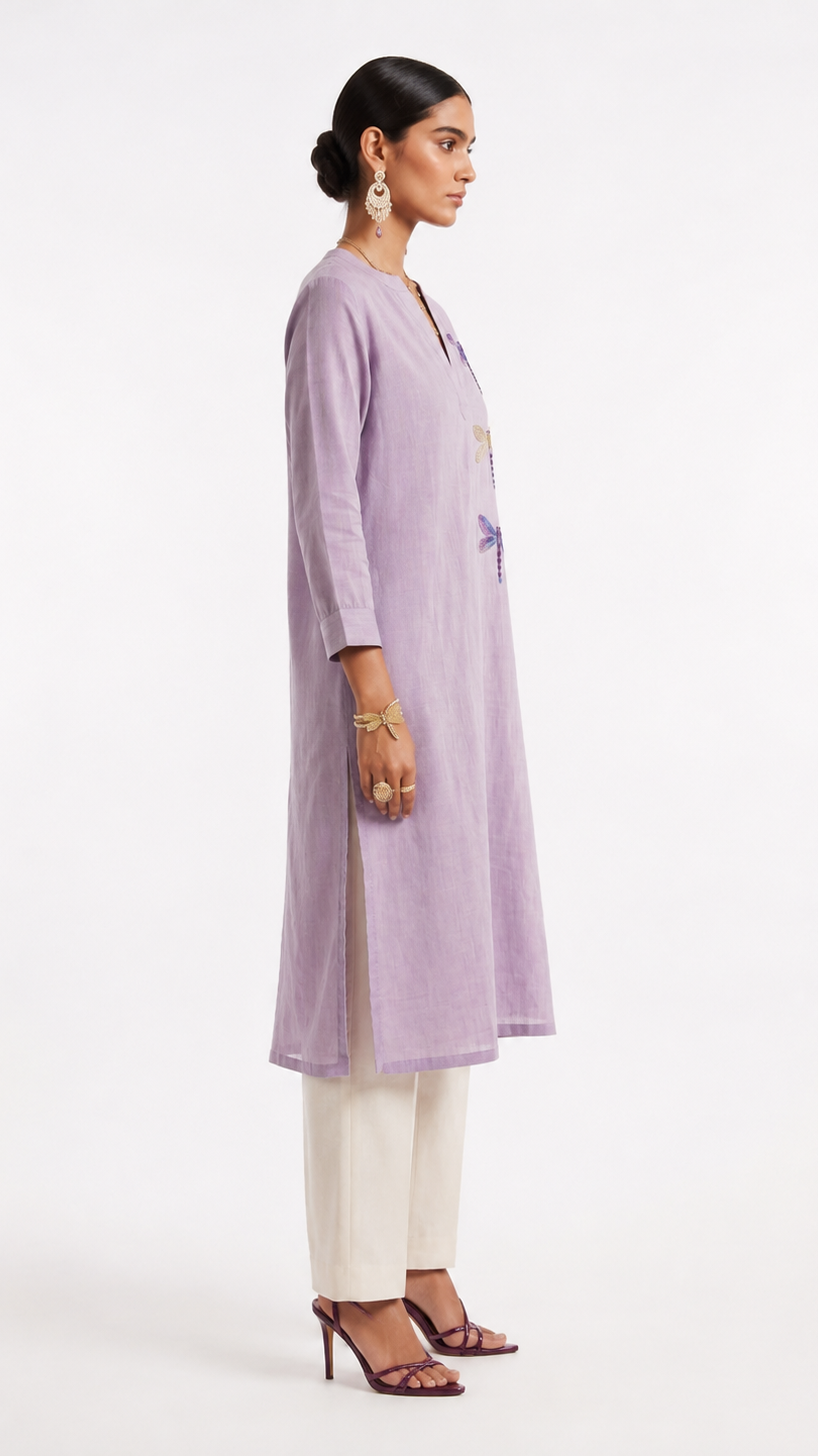 Dragonfly Embroidered Linen Kurta