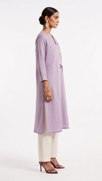 Dragonfly Embroidered Linen Kurta