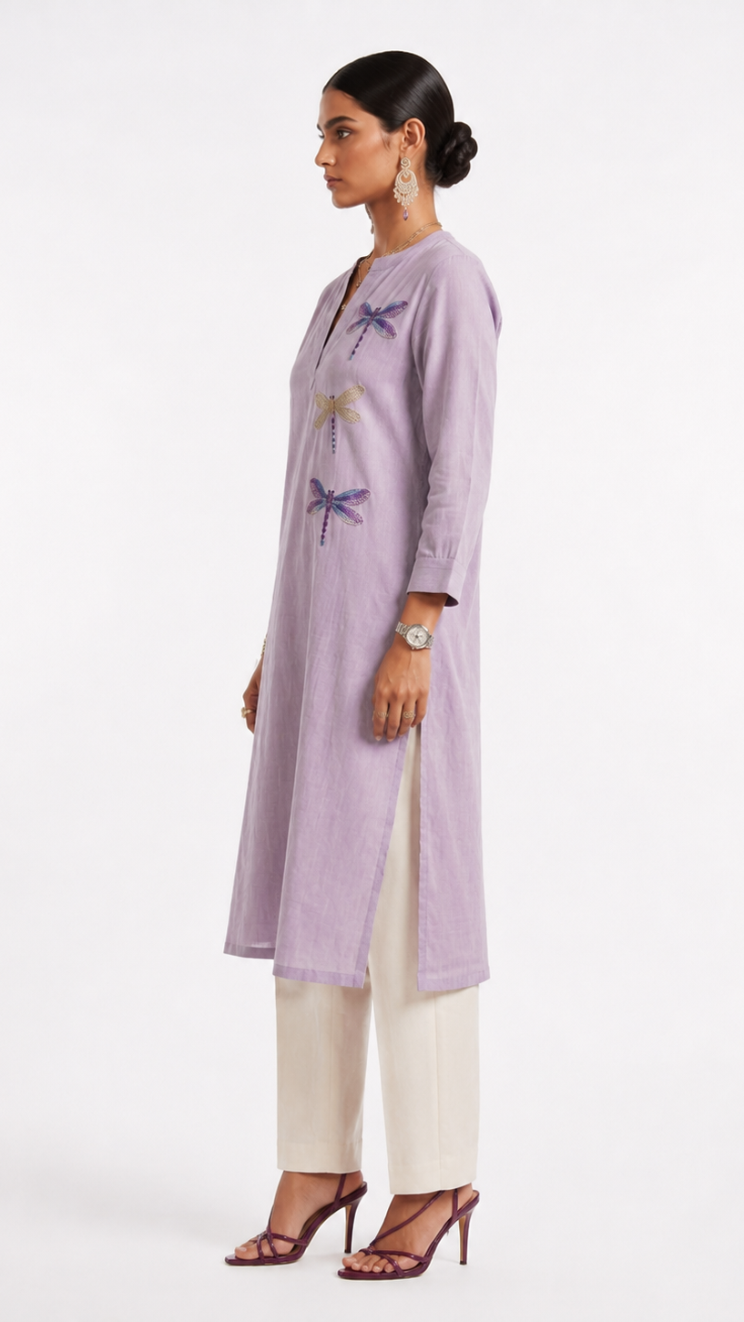 Dragonfly Embroidered Linen Kurta