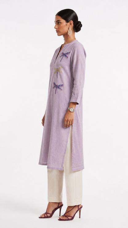 Dragonfly Embroidered Linen Kurta