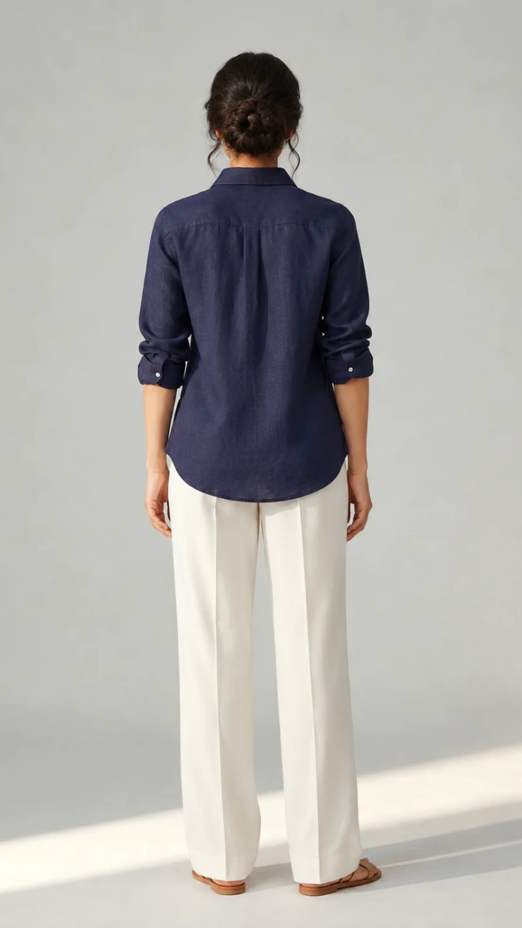 Midnight Bloom navy cotton linen slub embroidered shirt – back view
