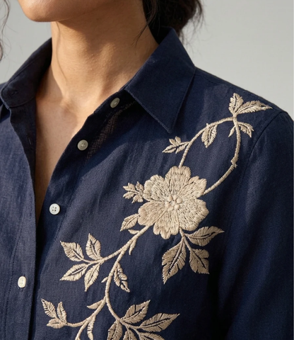 Midnight Bloom navy cotton linen slub embroidered shirt – detail view