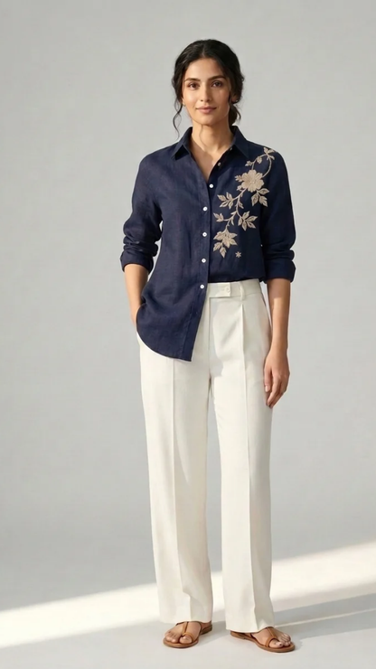 Midnight Bloom navy cotton linen slub embroidered shirt – front view