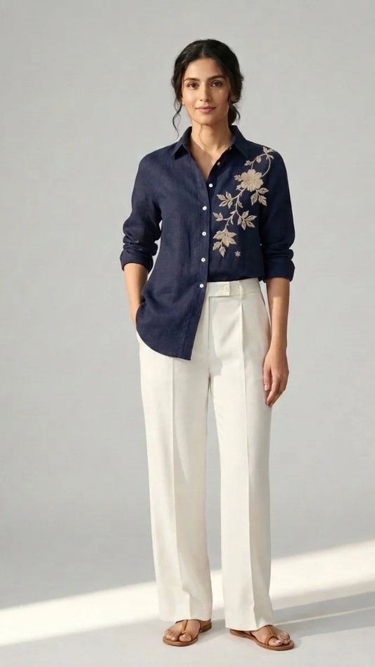 Midnight Bloom navy cotton linen slub embroidered shirt – front view
