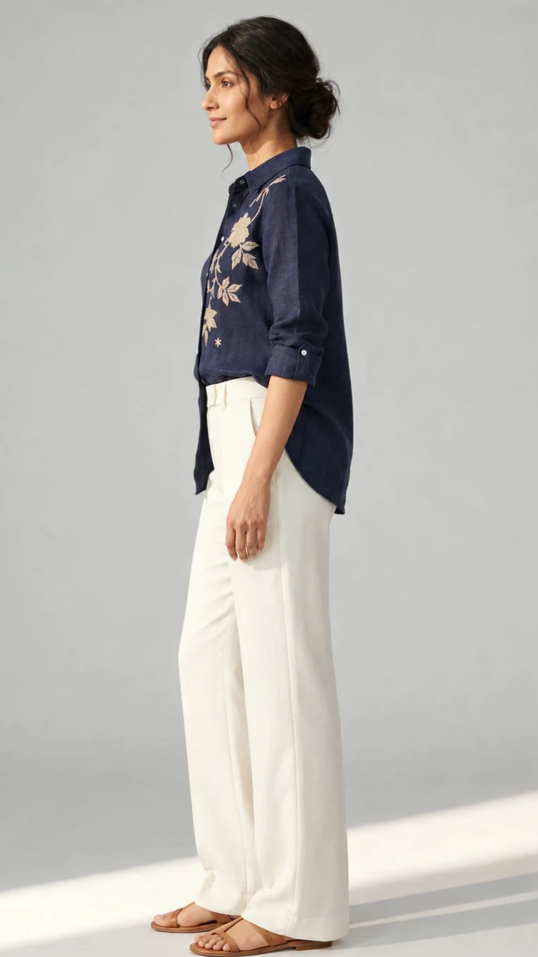 Midnight Bloom navy cotton linen slub embroidered shirt – side view