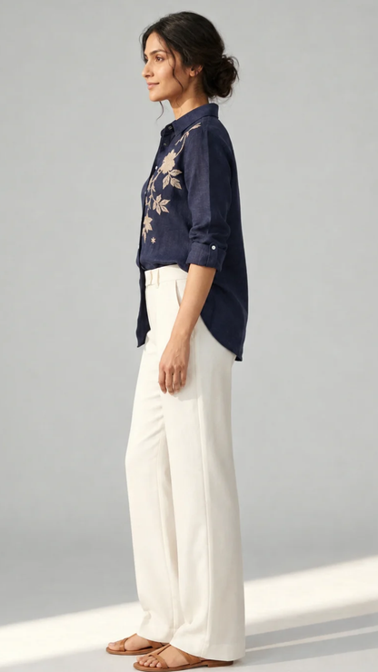 Midnight Bloom navy cotton linen slub embroidered shirt – side view