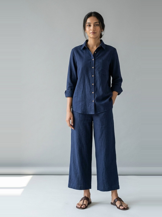 Midnight Ease navy cotton linen slub shirt co-ord set – full-length front view