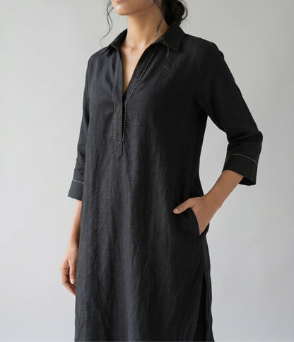 Noir Ease black cotton linen slub co-ord set – close-up showing collar, contrast stitching, fabric texture and pocket