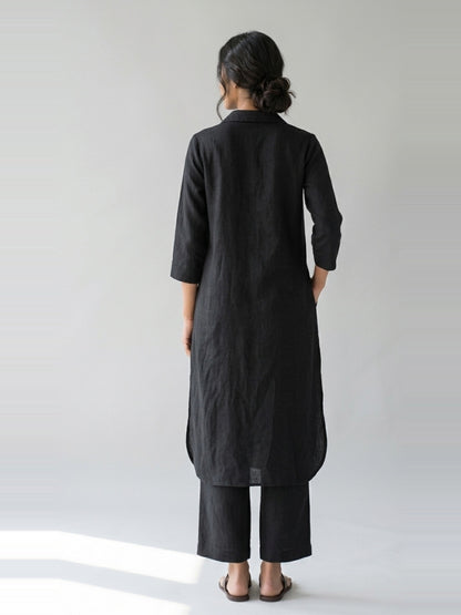 Noir Ease black cotton linen slub co-ord set – full-length back view