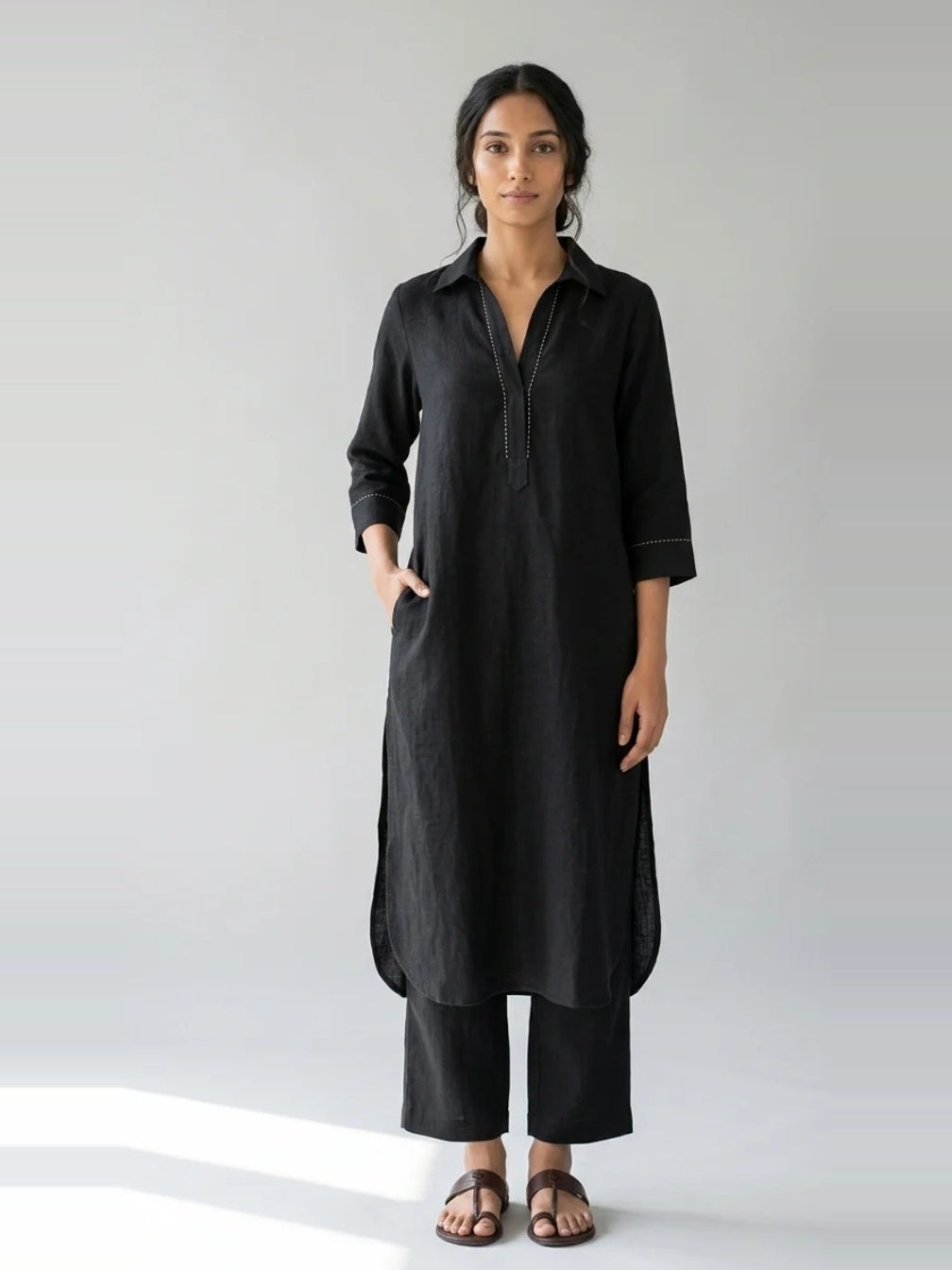 Noir Ease black cotton linen slub co-ord set – full-length front view
