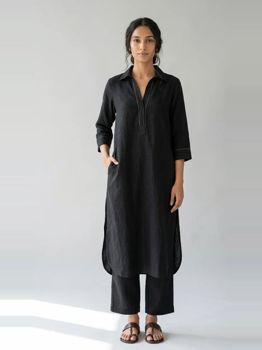 Noir Ease black cotton linen slub co-ord set – full-length front view
