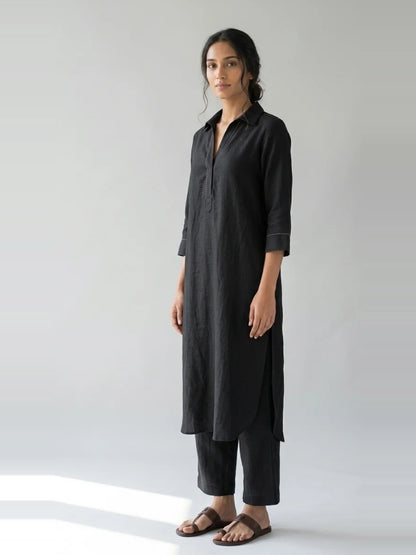 Noir Ease black cotton linen slub co-ord set – full-length side view