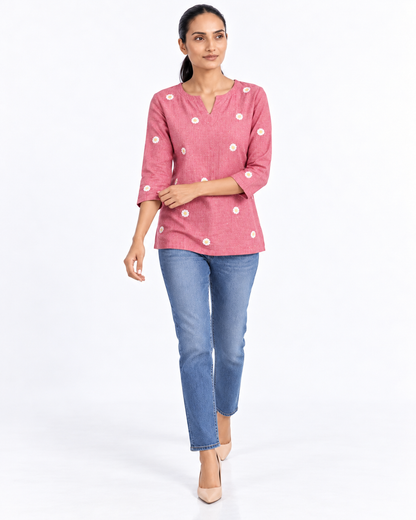 Rose Pink Daisy Embroidered Cotton Short Kurti