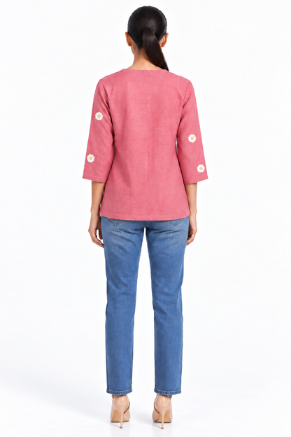 Rose Pink Daisy Embroidered Cotton Short Kurti