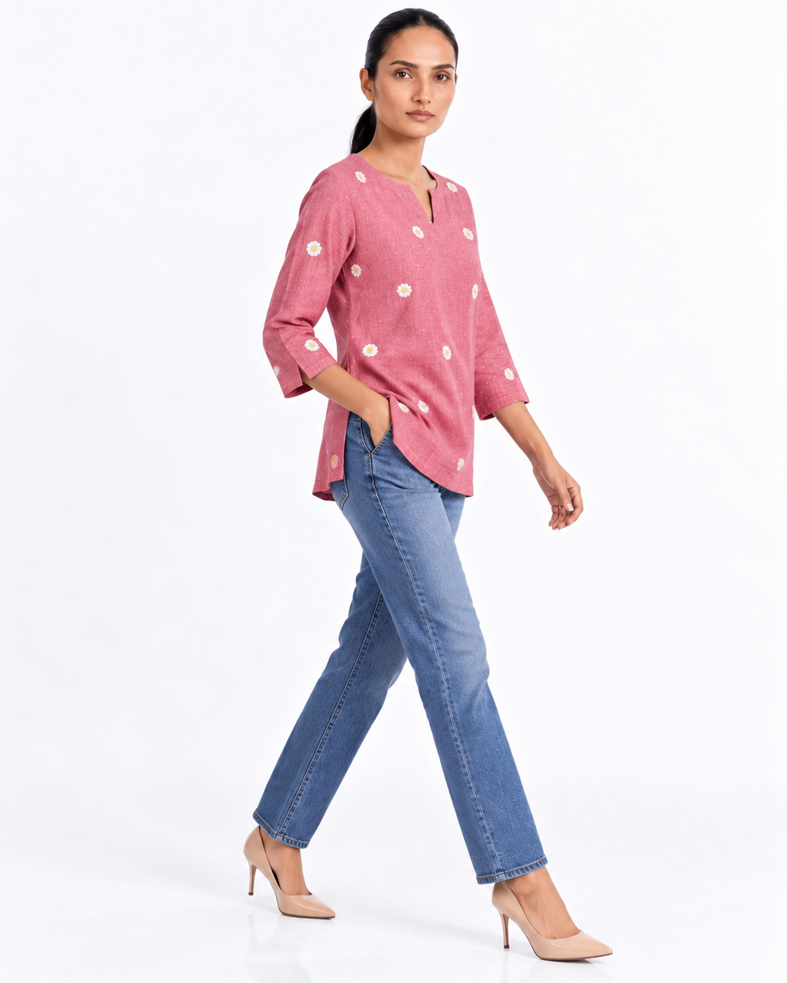 Rose Pink Daisy Embroidered Cotton Short Kurti