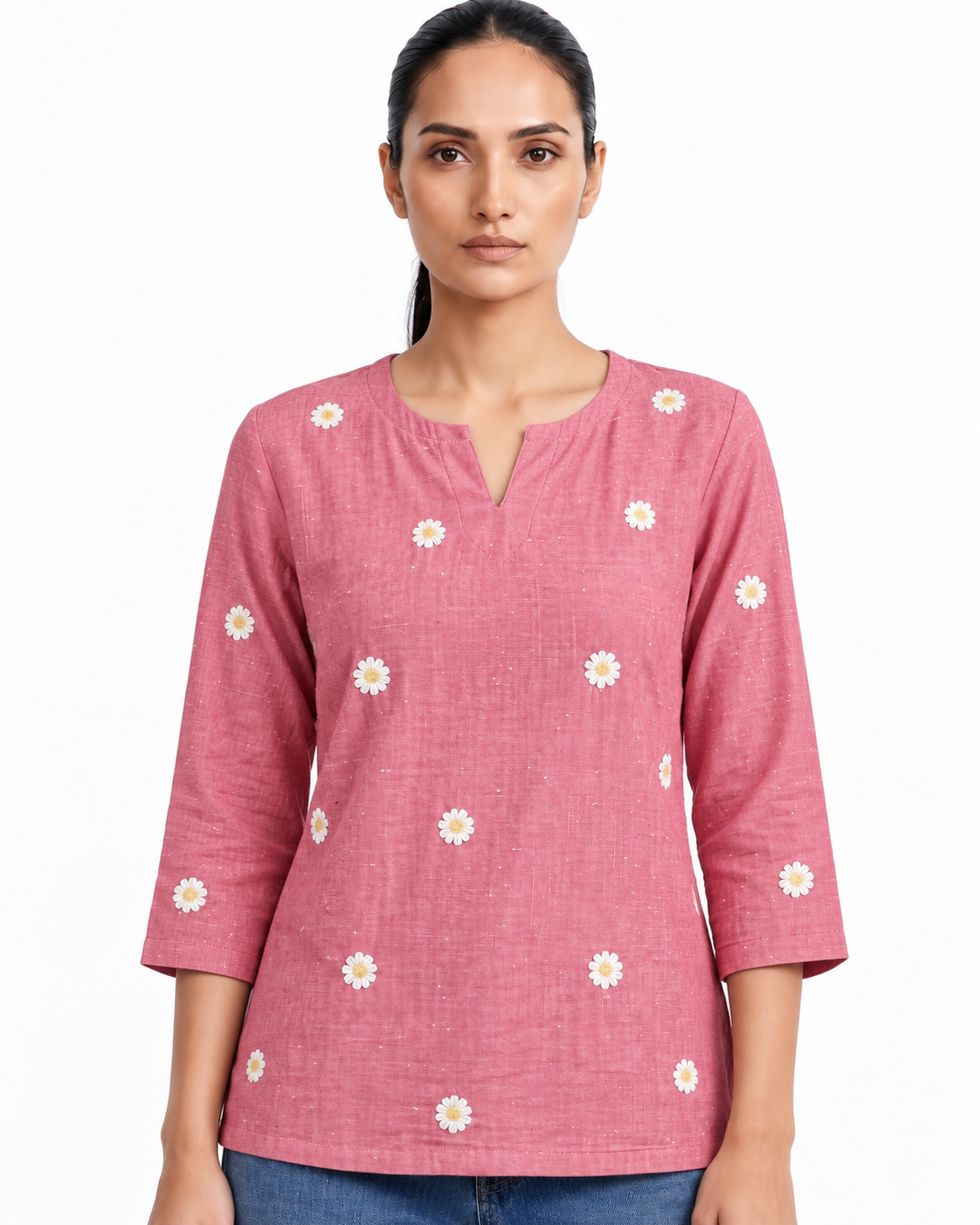 Rose Pink Daisy Embroidered Cotton Short Kurti