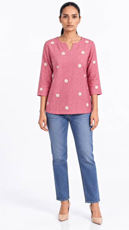 Rose Pink Daisy Embroidered Cotton Short Kurti