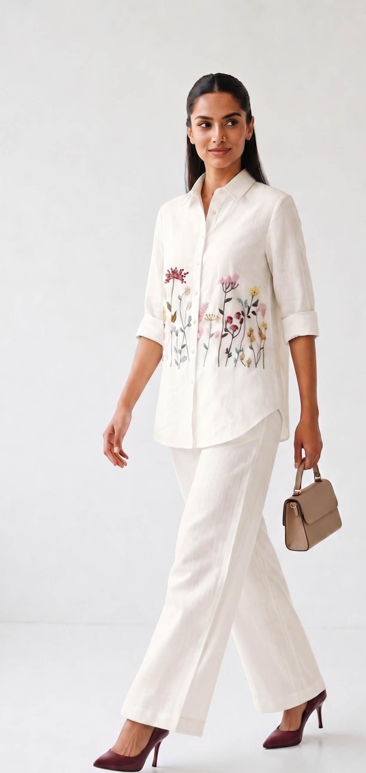 Ivory Bloom Embroidered Co-ord Set | Cotton Linen Shirt & Elasticated Waist Pants