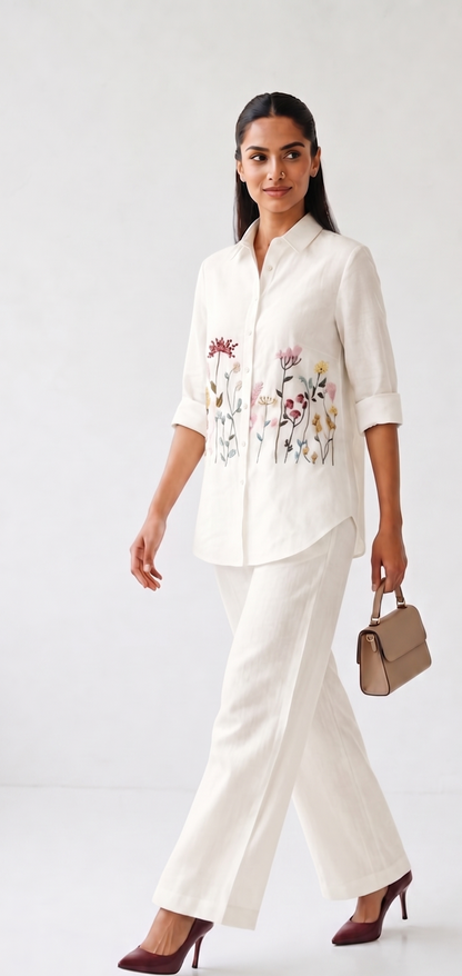 Ivory Bloom Embroidered Co-ord Set | Cotton Linen Shirt & Elasticated Waist Pants