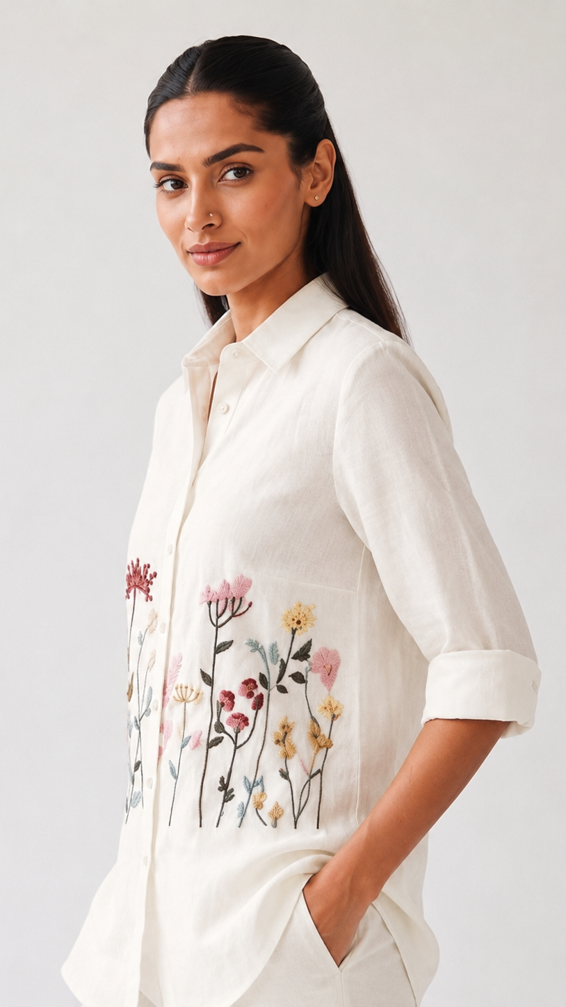 Ivory Bloom Embroidered Co-ord Set | Cotton Linen Shirt & Elasticated Waist Pants