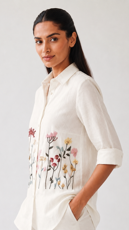 Ivory Bloom Embroidered Co-ord Set | Cotton Linen Shirt & Elasticated Waist Pants
