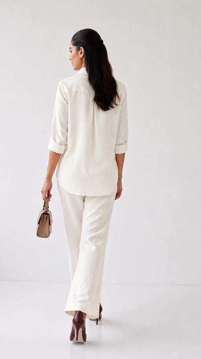 Ivory Bloom Embroidered Co-ord Set | Cotton Linen Shirt & Elasticated Waist Pants